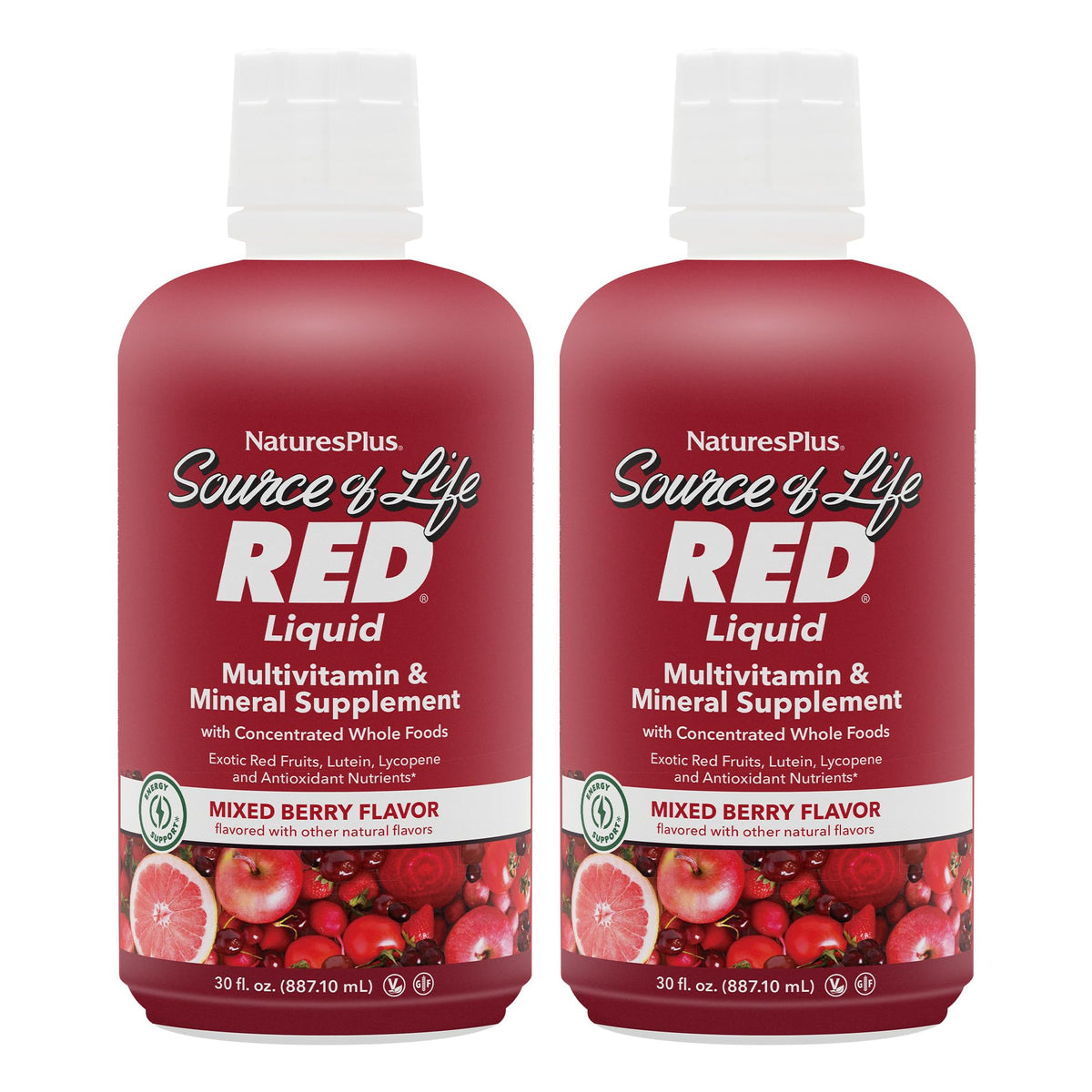 NaturesPlus Source of Life RED bottle with vibrant berry liquid for daily energy.