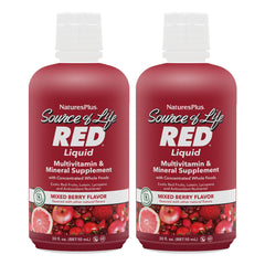 NaturesPlus Source of Life RED bottle with vibrant berry liquid for daily energy.