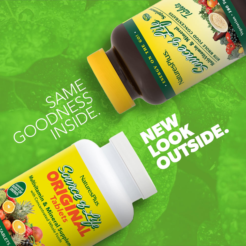NaturesPlus Source of Life tablets closeup showing concentrated whole-food formula