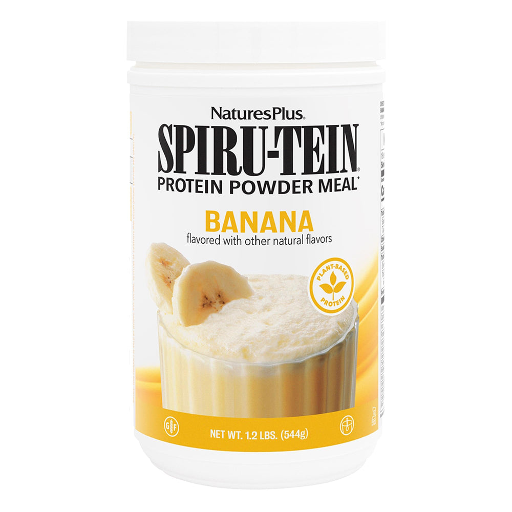 NaturesPlus SpirU-Tein banana bottle showing protein-rich shake for busy days.