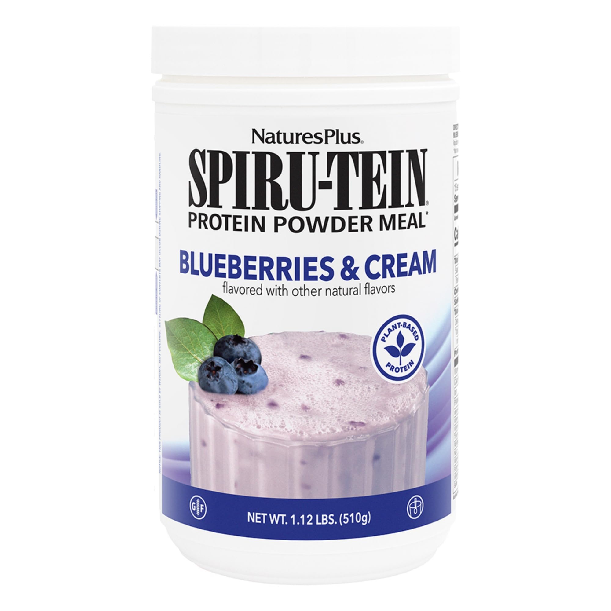 NaturesPlus SPIRU-TEIN Blueberries & Cream powder for a plant-based protein boost.