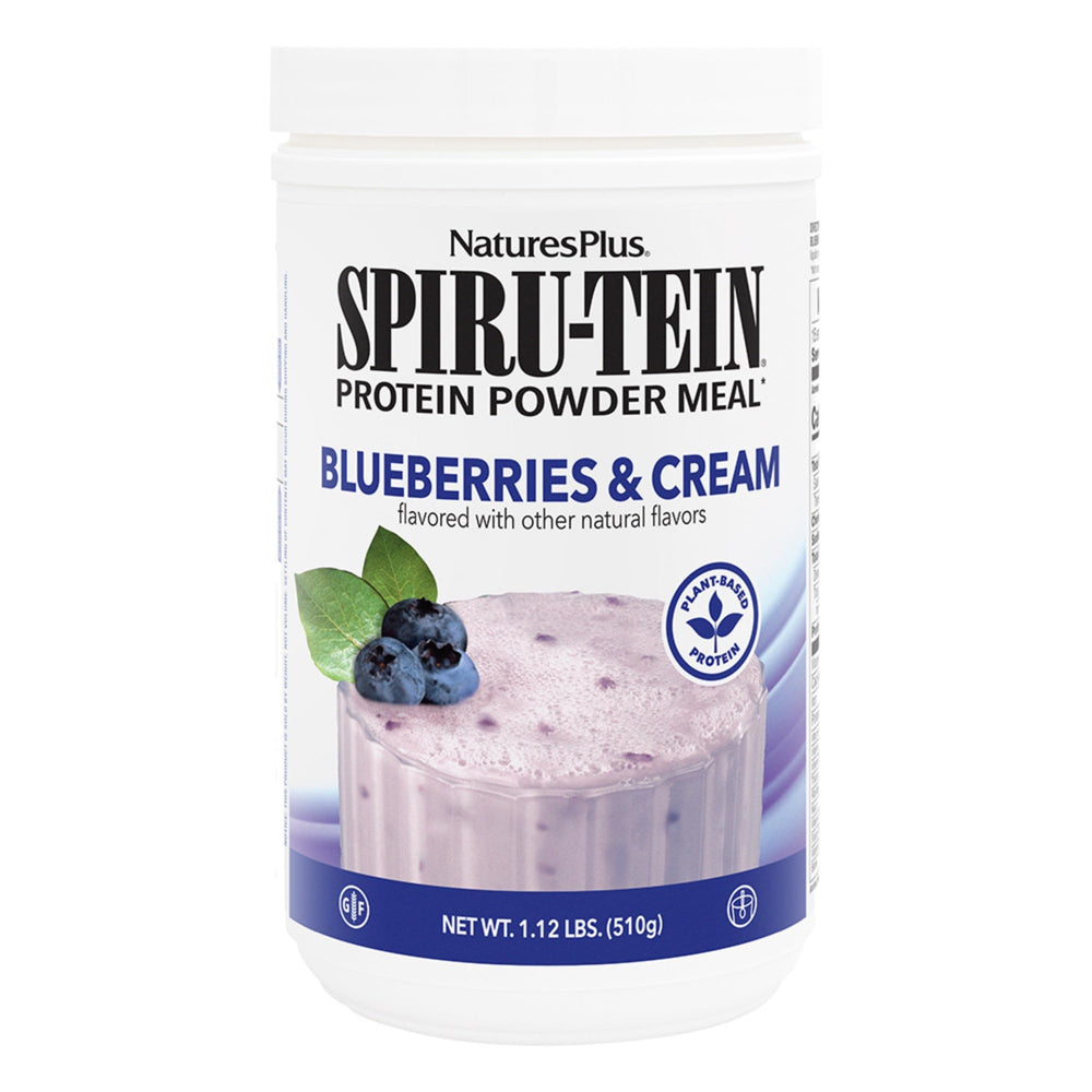 NaturesPlus SPIRU-TEIN Blueberries & Cream powder for a plant-based protein boost.