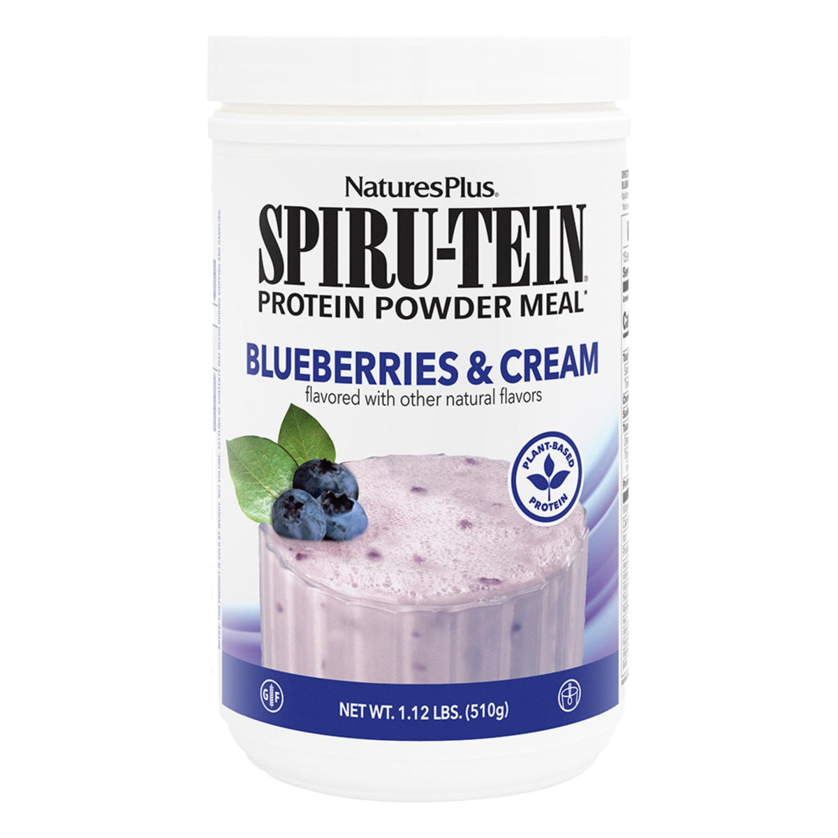 NaturesPlus SPIRU-TEIN Blueberries & Cream powder for a plant-based protein boost.