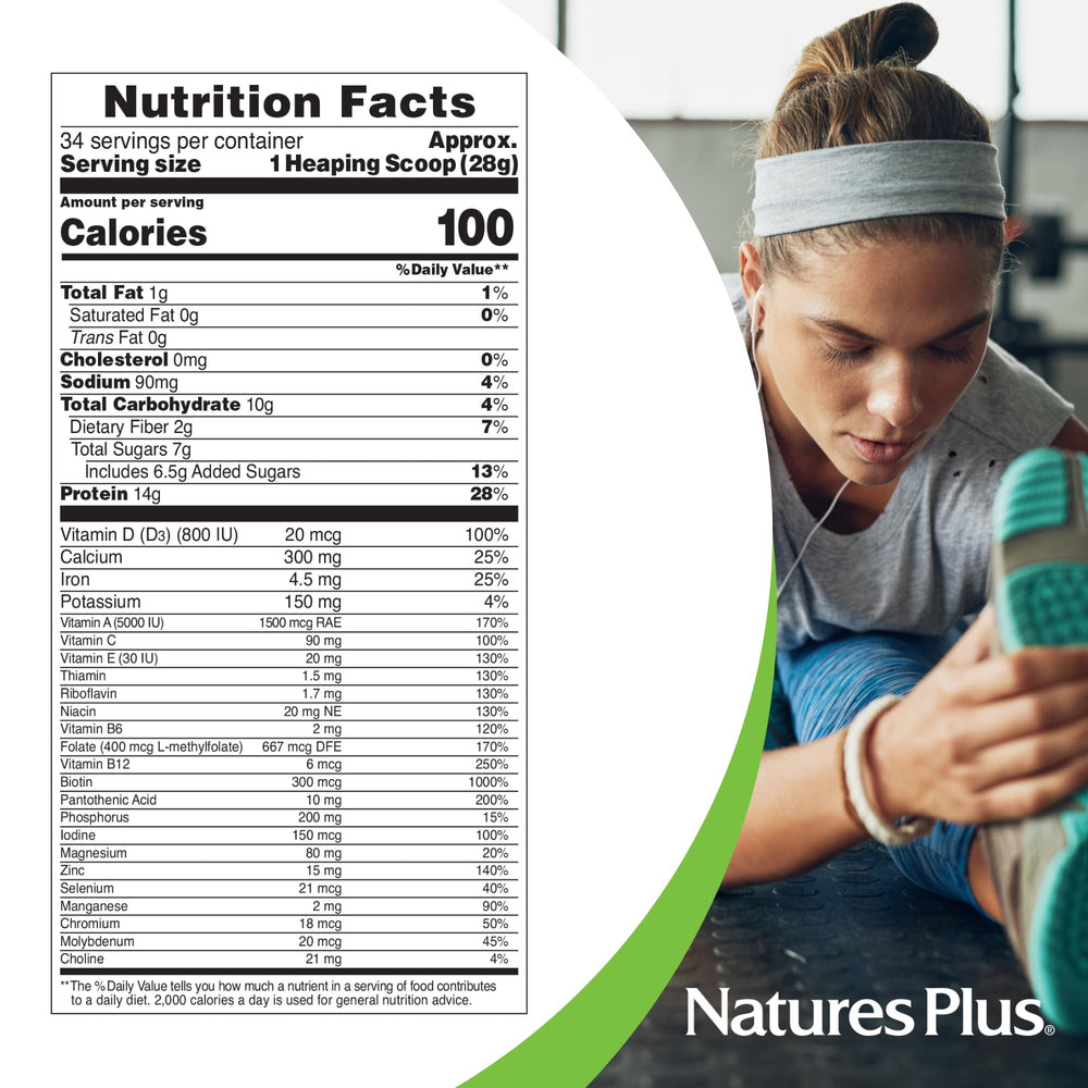 NaturesPlus Spiru-Tein label detail shows 14 g protein per serving