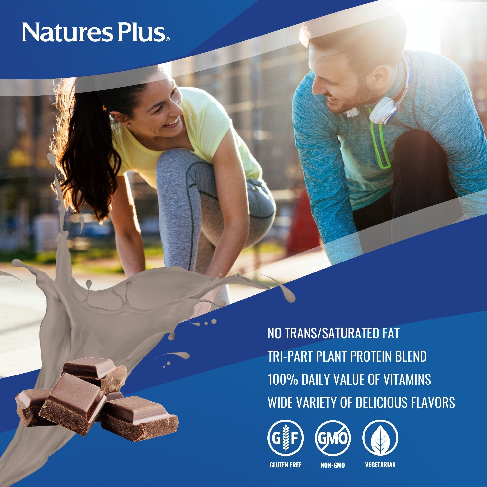 NaturesPlus SPIRU-TEIN chocolate packet with vitamin-rich formula.