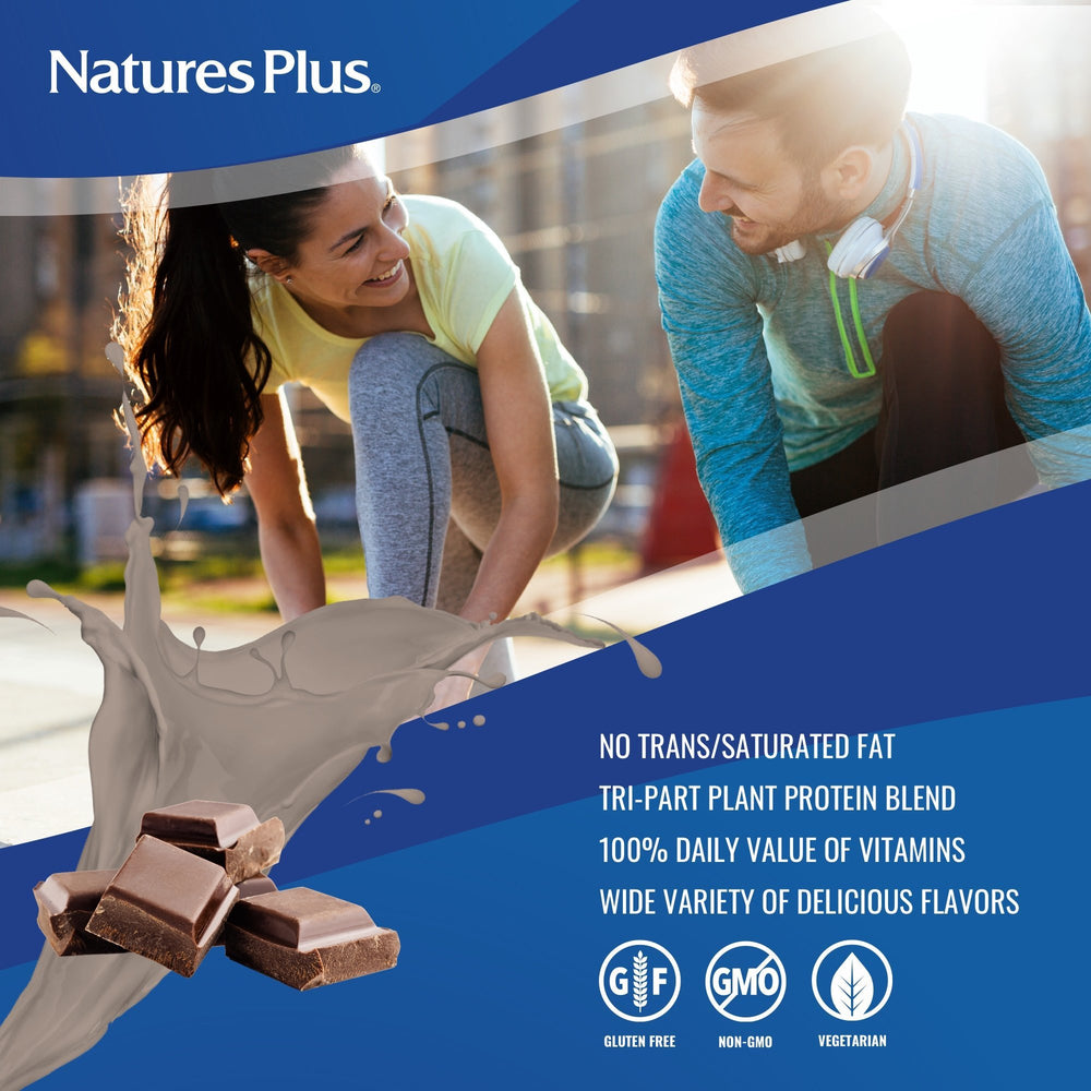 NaturesPlus SPIRU-TEIN chocolate packet with vitamin-rich formula.