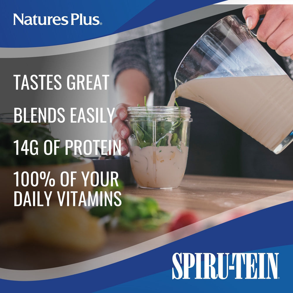 NaturesPlus SPIRU-TEIN chocolate packet shows gluten-free, non-GMO notes.