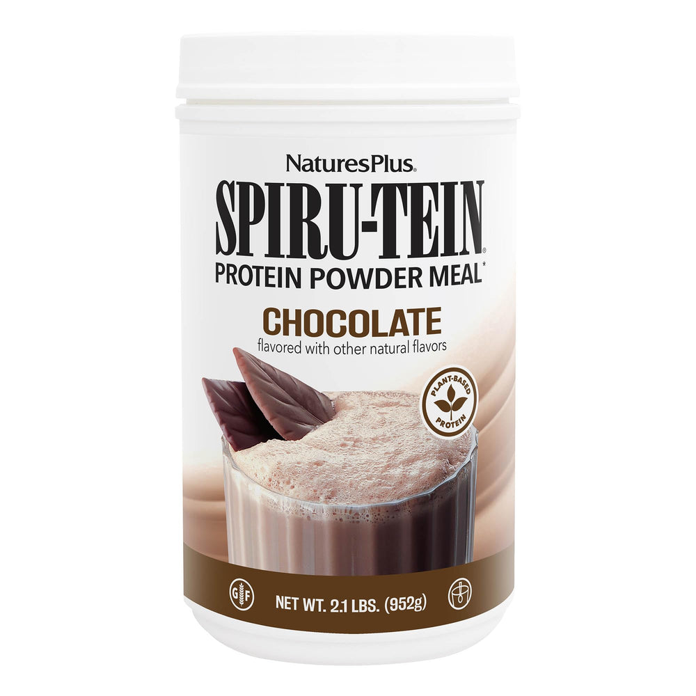 NaturesPlus Spiru-Tein chocolate powder in a jar provides plant-based protein for daily nutrition