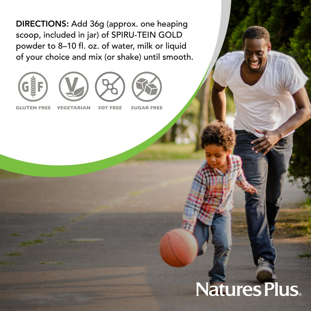 NaturesPlus SPIRU-TEIN GOLD Vanilla in a cup demonstrates convenient nutrition.