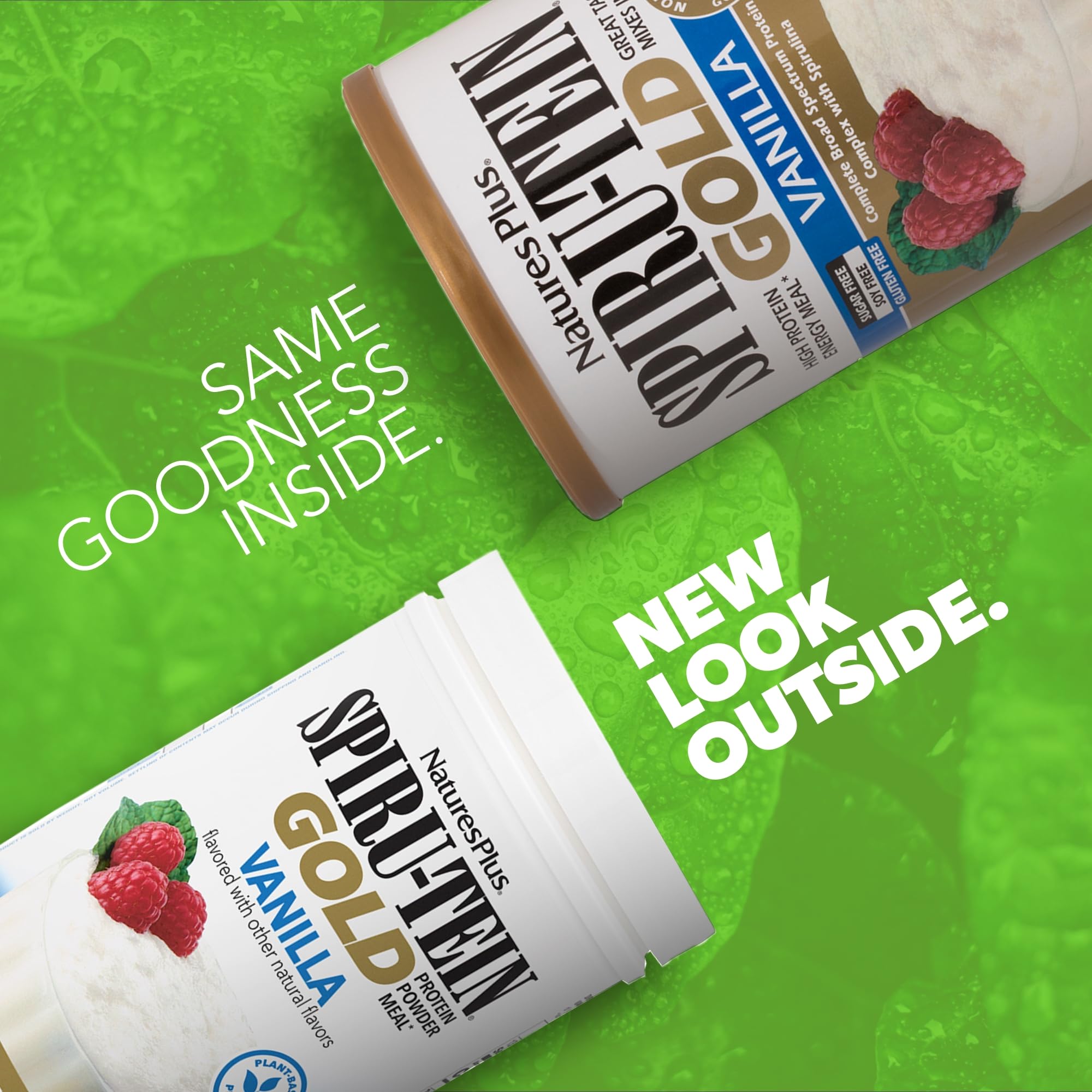 NaturesPlus SPIRU-TEIN GOLD Vanilla scoop for measuring protein portions.