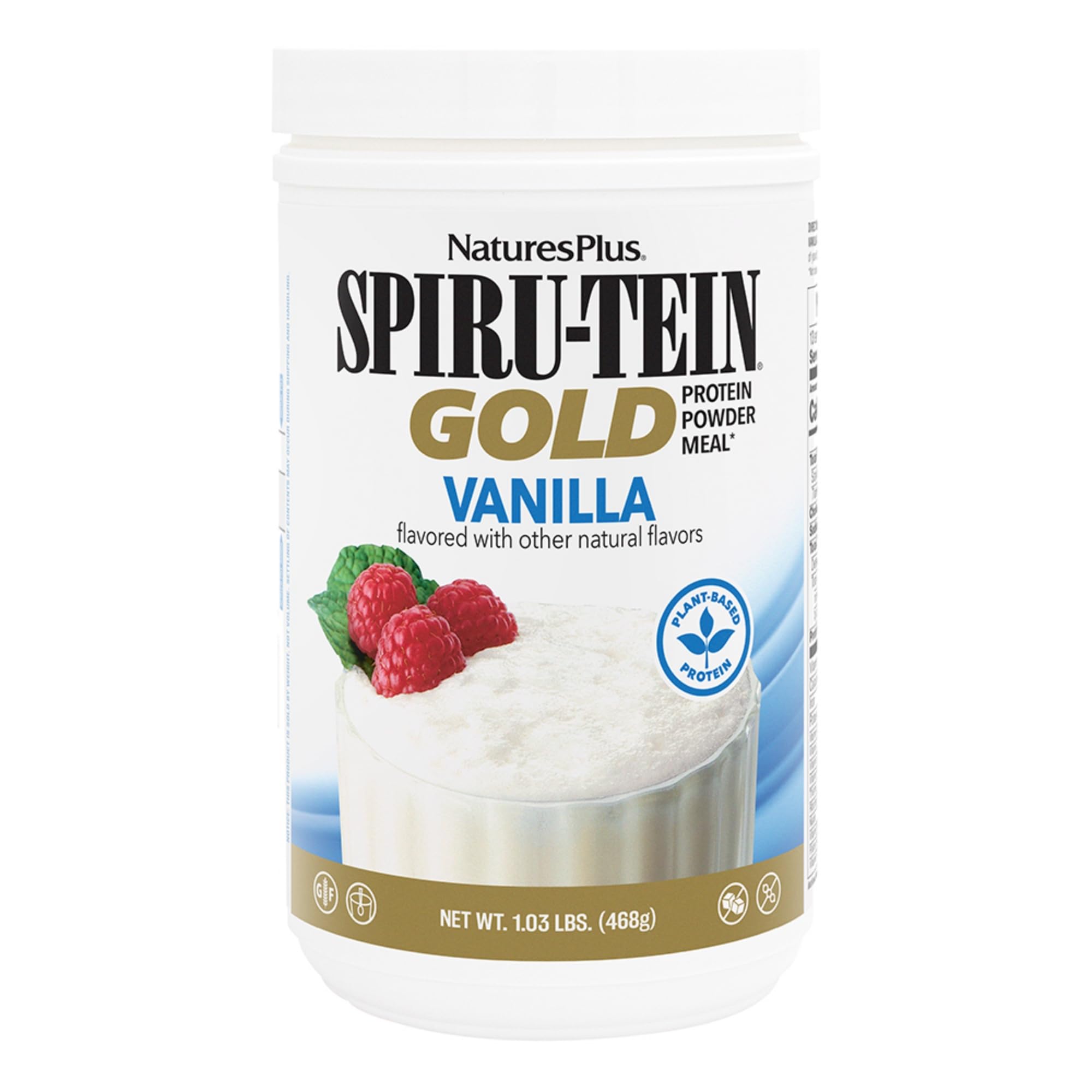 NaturesPlus SPIRU-TEIN GOLD Vanilla tub highlights protein and minerals for daily support.