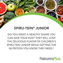 Child drinking SPIRU-TEIN Junior chocolate shake, a tasty snack option.