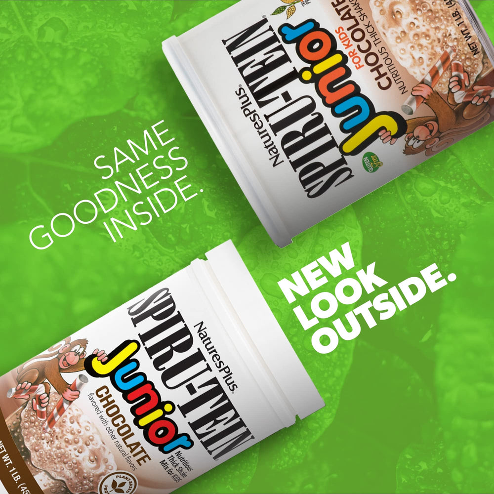 SPIRU-TEIN Junior chocolate ingredients panel highlighting plant-based blend.