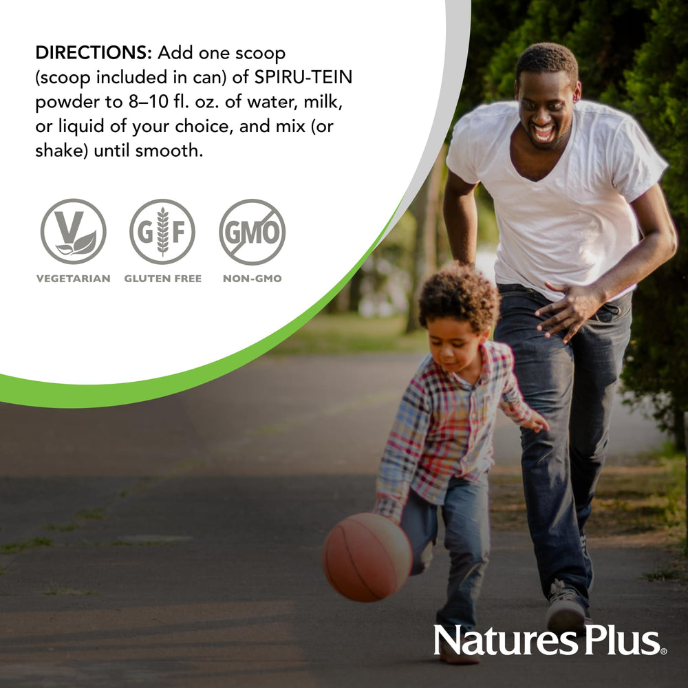 NaturesPlus SpirU-TEIN nutrition-label confirms gluten-free and vegetarian formulation.