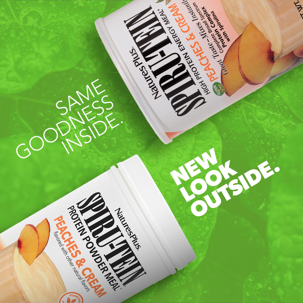 NaturesPlus SPIRU-TEIN Peaches Cream shake poured into glass for a quick meal