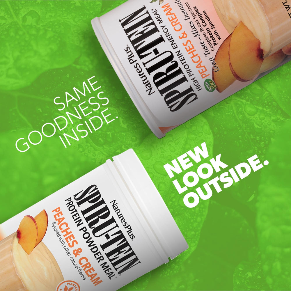 SPIRU-TEIN Peaches & Cream tub reveals plant-based protein blend