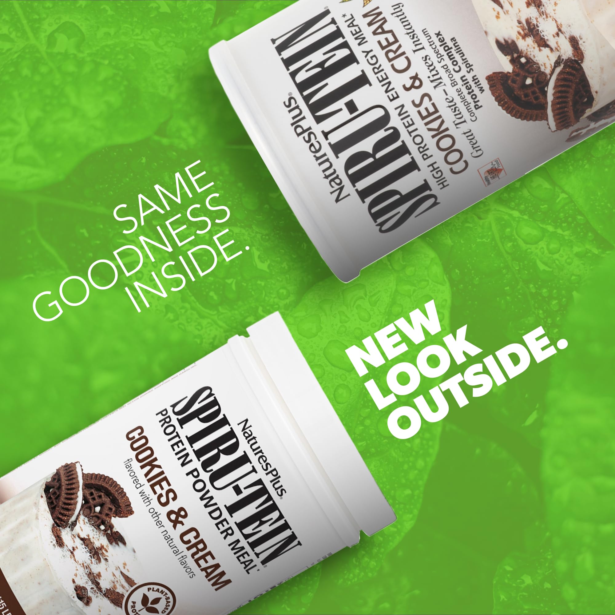 NaturesPlus SPIRU-TEIN Cookies & Cream shake blended into a smoothie for sustained energy.