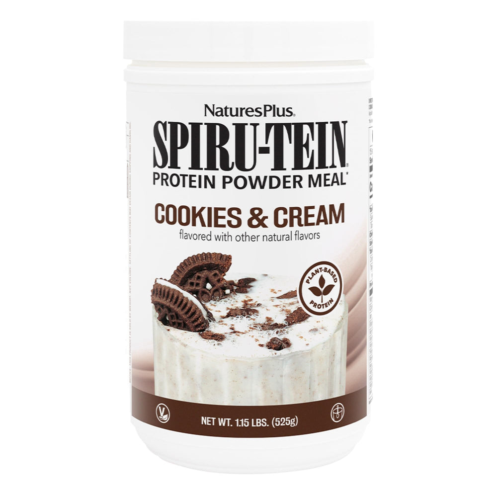 NaturesPlus SPIRU-TEIN Cookies & Cream shake bottle pouring, protein-rich nutrition.