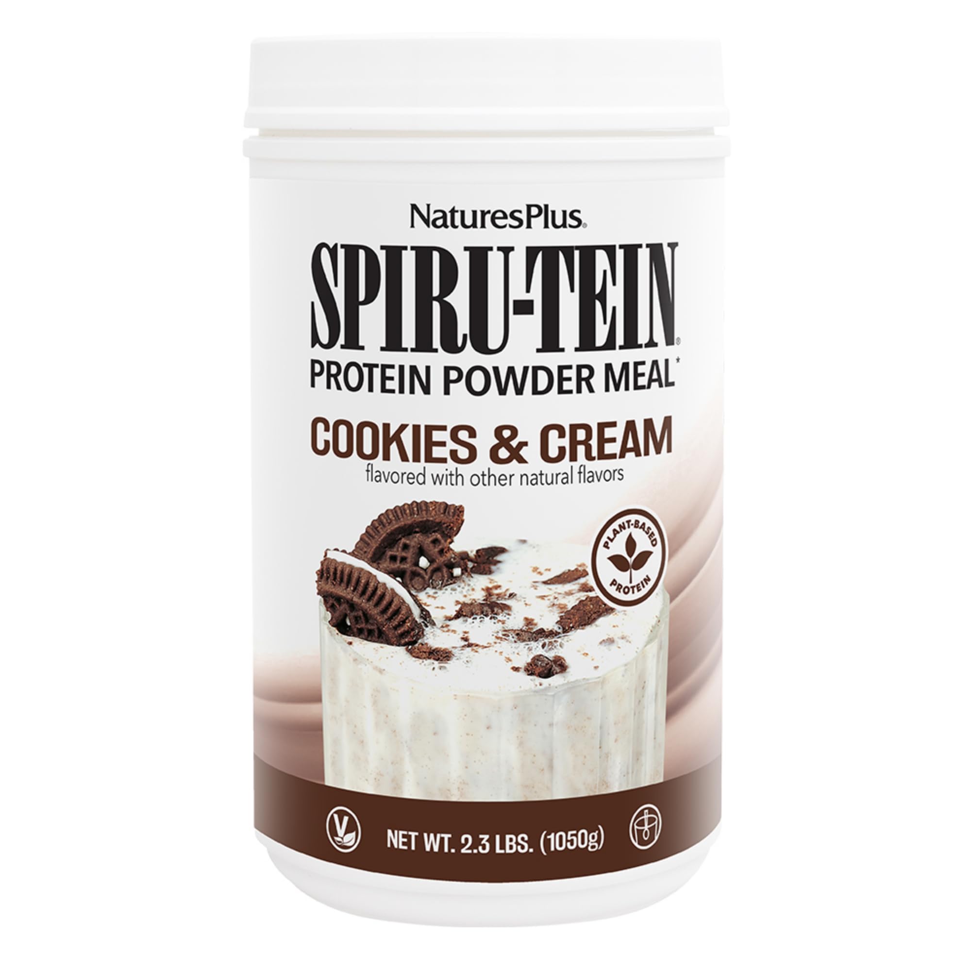 NaturesPlus SPIRU-TEIN Shake Cookies and Cream bottle highlighting protein-rich meal option
