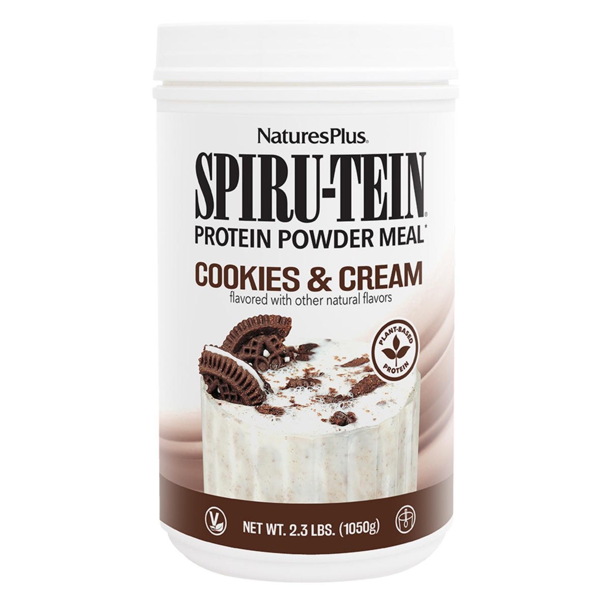 NaturesPlus SPIRU-TEIN Shake Cookies and Cream bottle highlighting protein-rich meal option