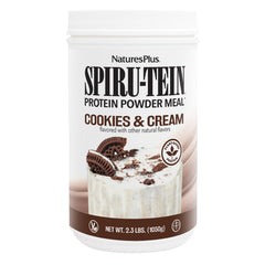 NaturesPlus SPIRU-TEIN Shake Cookies and Cream bottle highlighting protein-rich meal option