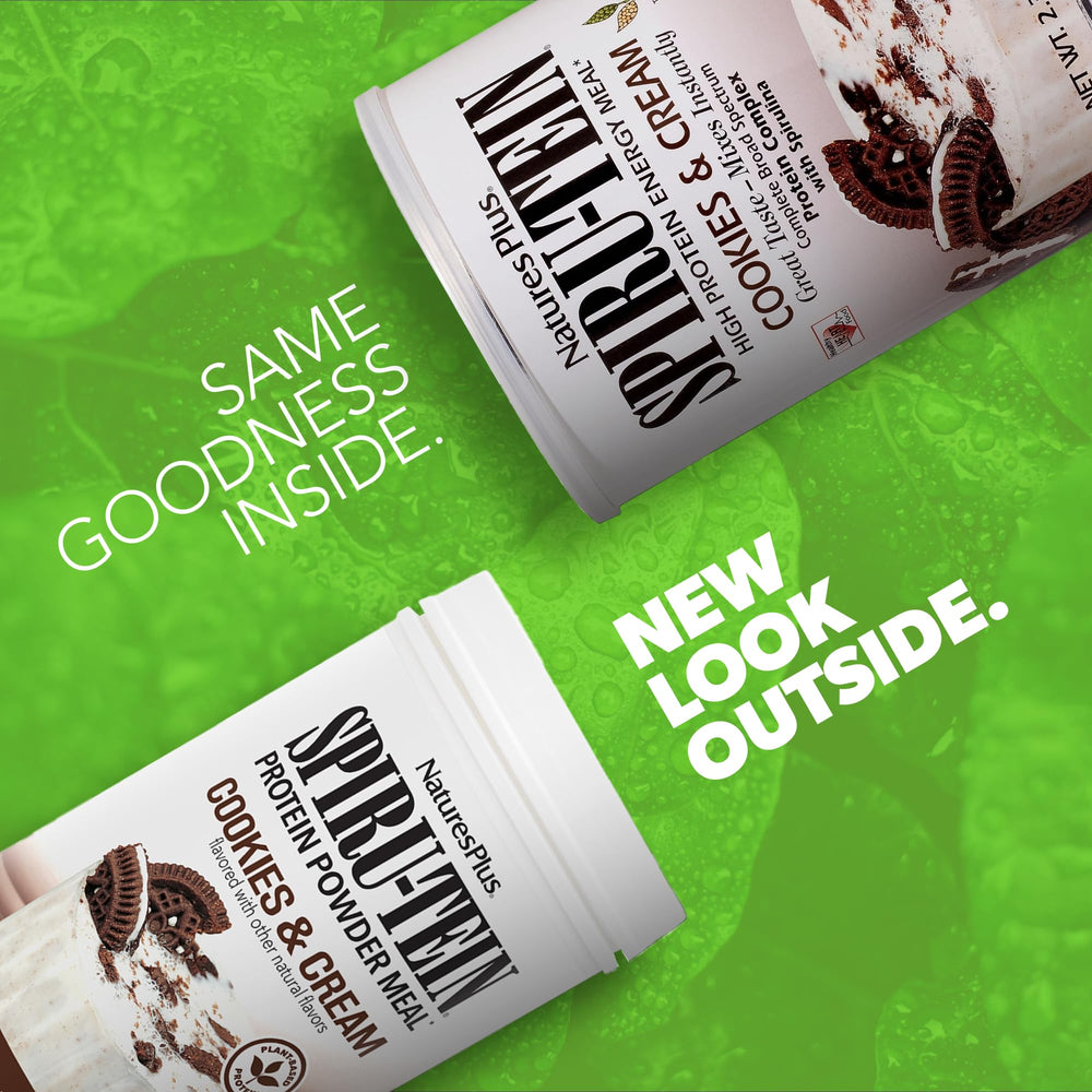 NaturesPlus SPIRU-TEIN Shake Cookies and Cream scoop ready for a nutrient-packed mix
