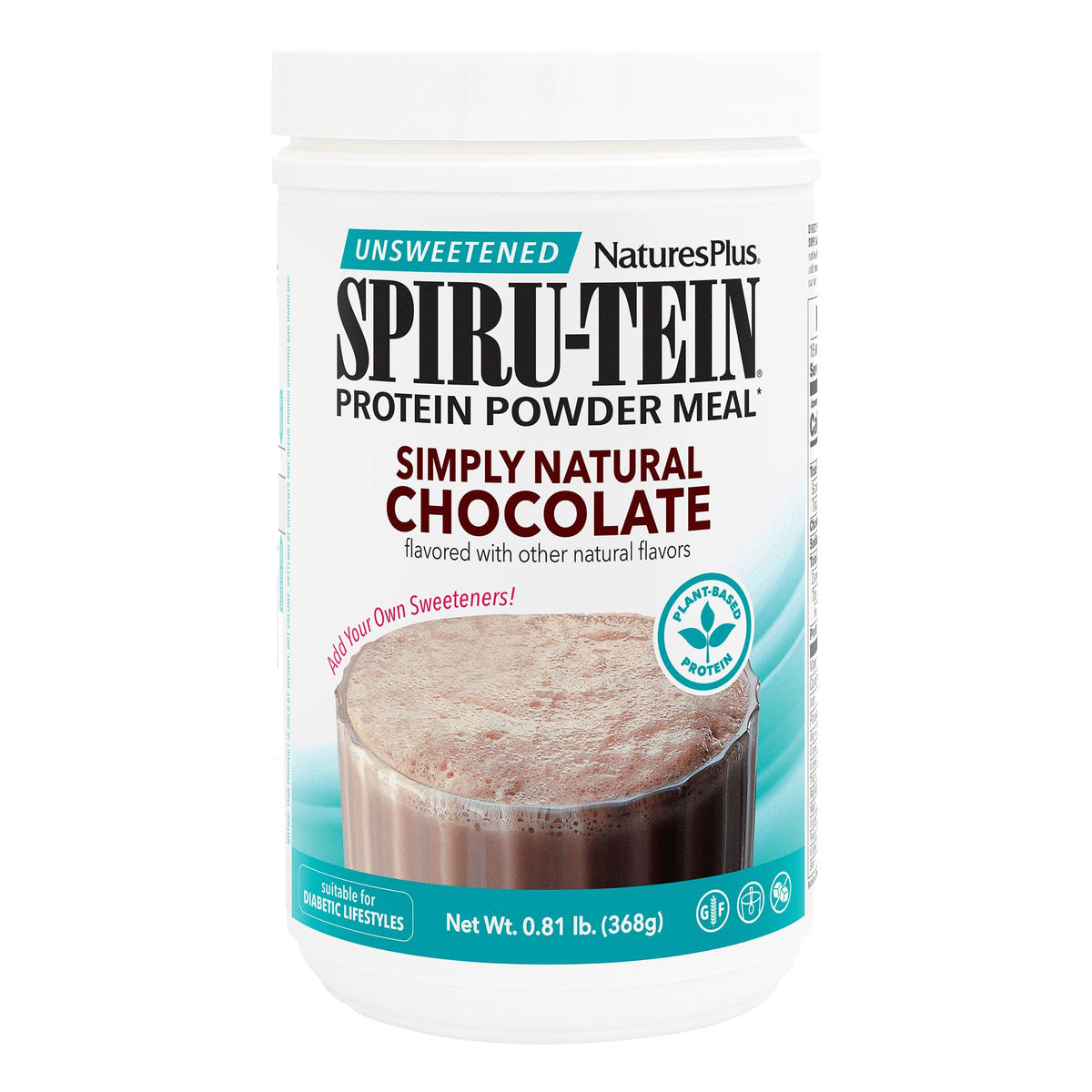NaturesPlus SpirU-Tein Shake unsweetened chocolate front bottle showing protein-packed meal replacement