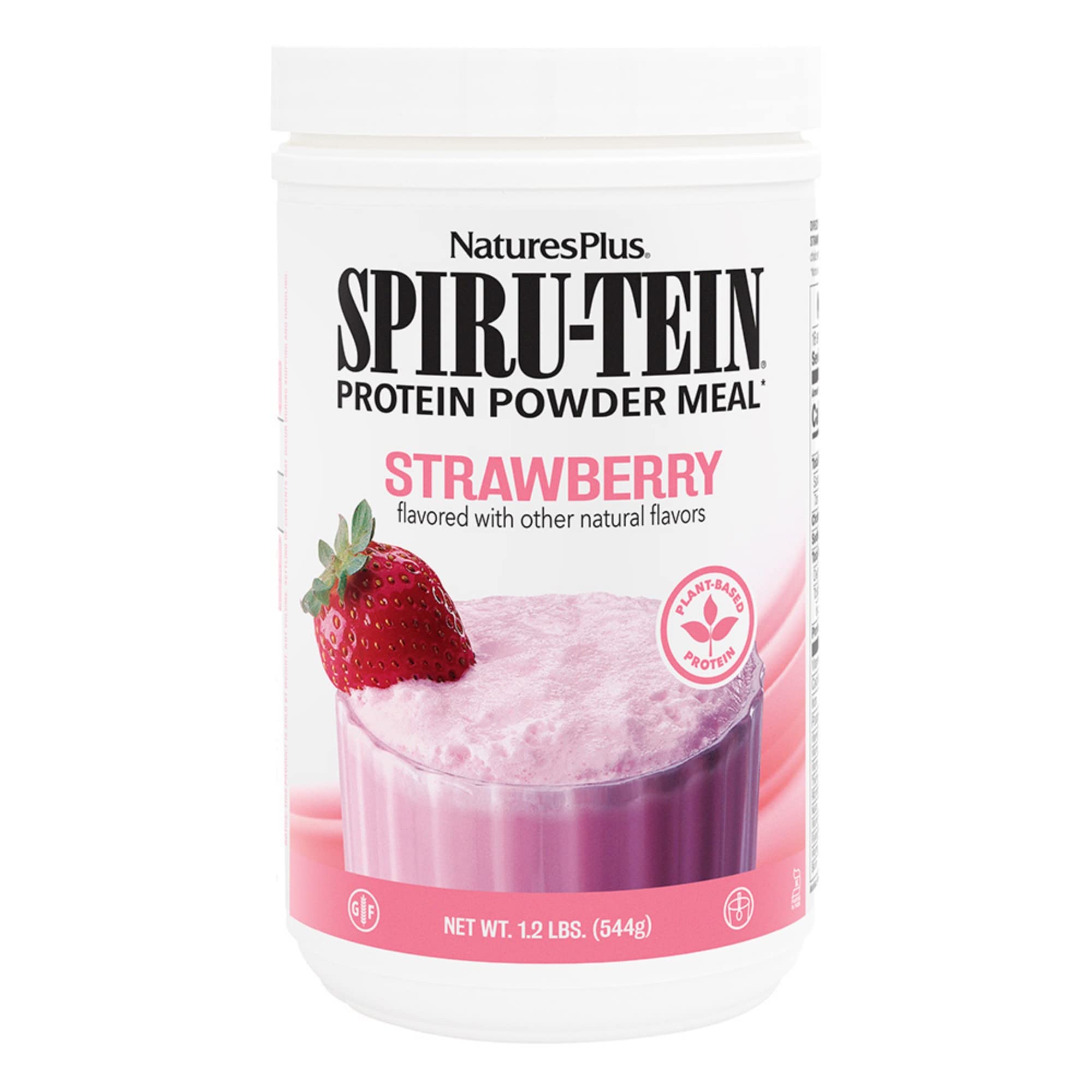 NaturesPlus SpirU-Tein strawberry bottle ready to shake for a protein-rich snack