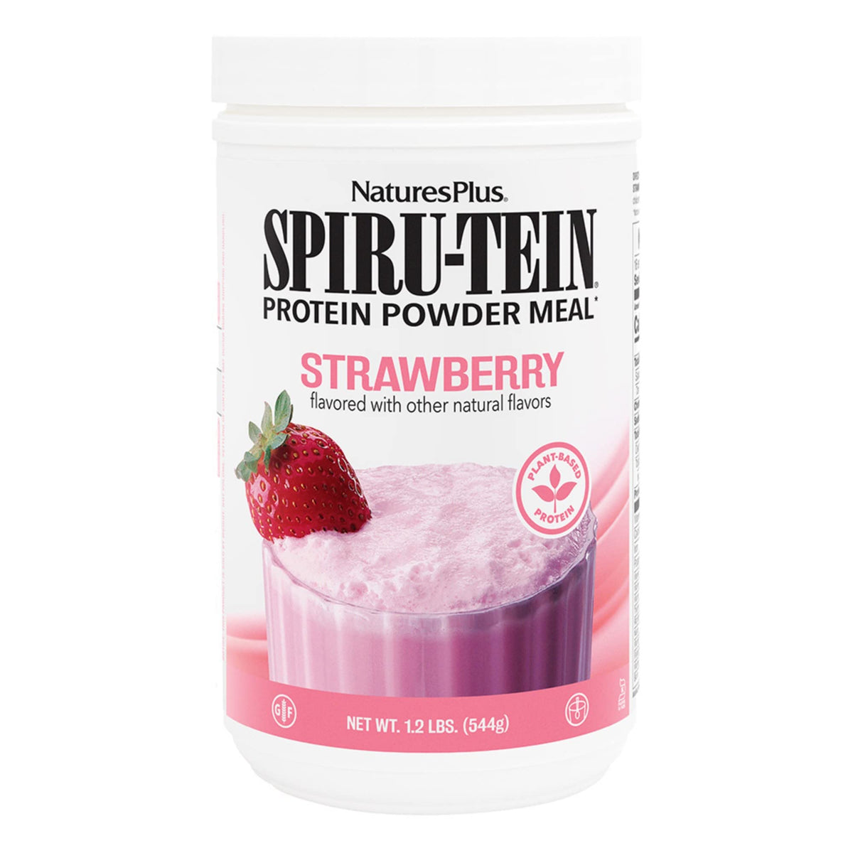 NaturesPlus SpirU-Tein strawberry bottle ready to shake for a protein-rich snack
