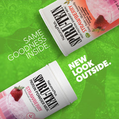 Spiru-TEIN strawberry label close-up highlighting non-GMO and gluten-free features
