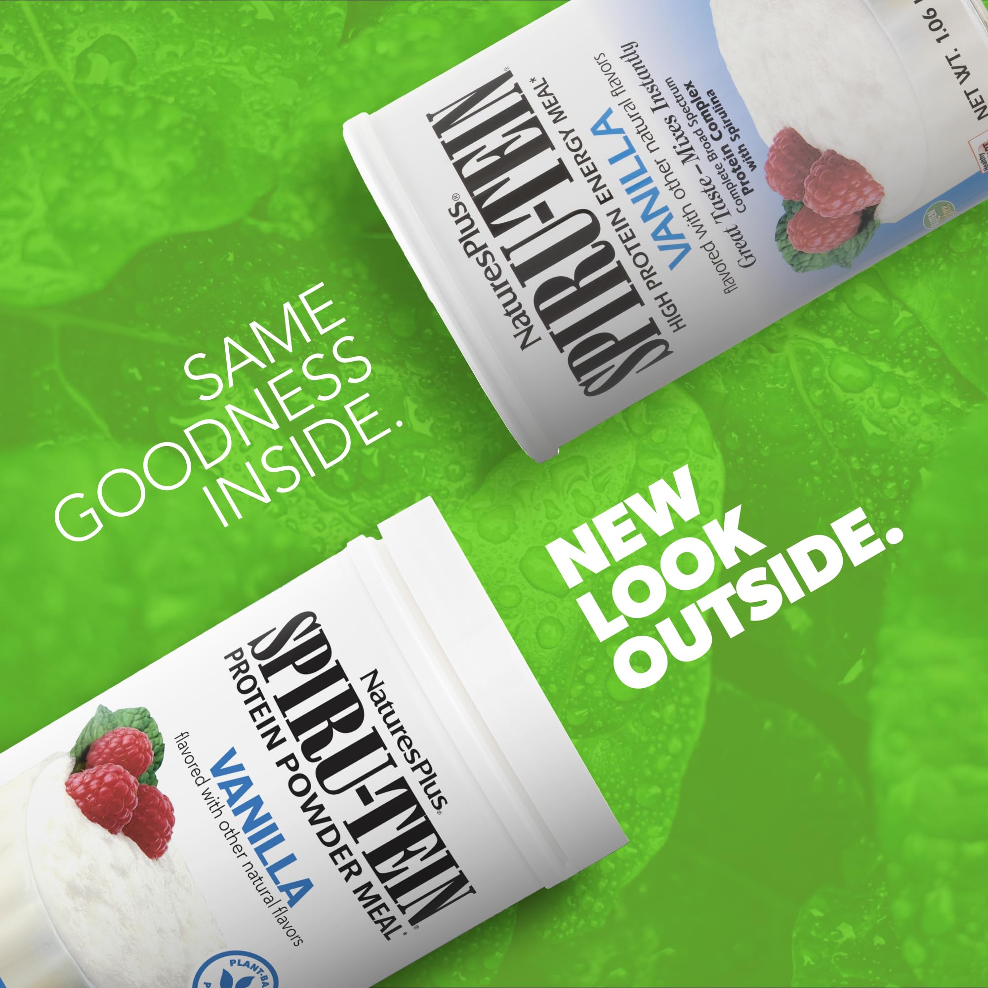NaturesPlus SpirU-Tein Vanilla scoop beside tub, convenient measuring for quick, protein-rich meals.