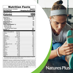 Nature's Plus Spirutein Banana ingredients panel emphasizes plant-based protein blend and fiber.