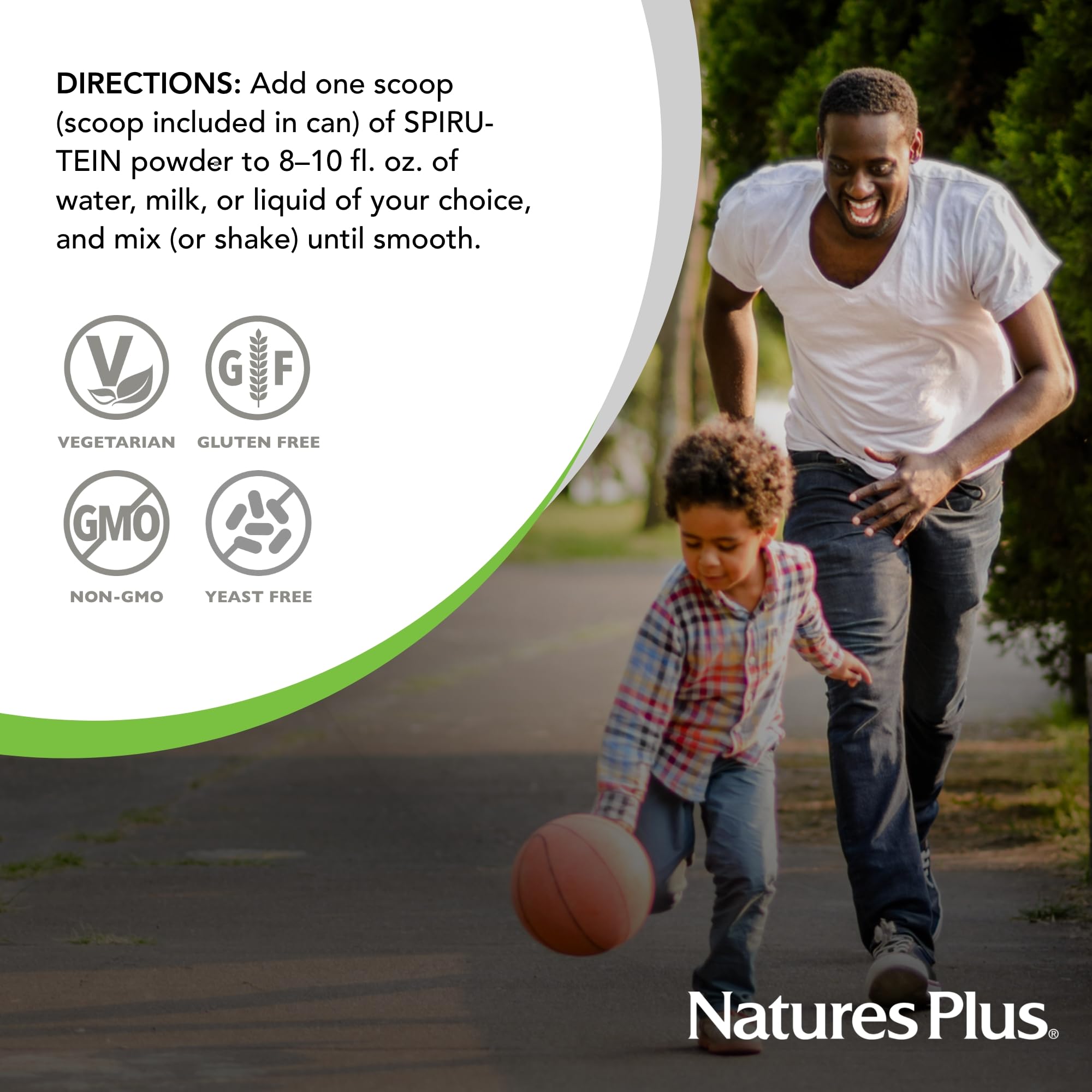Nutrition facts for Spirutein Chocolate emphasize non-GMO, vegetarian formulation.