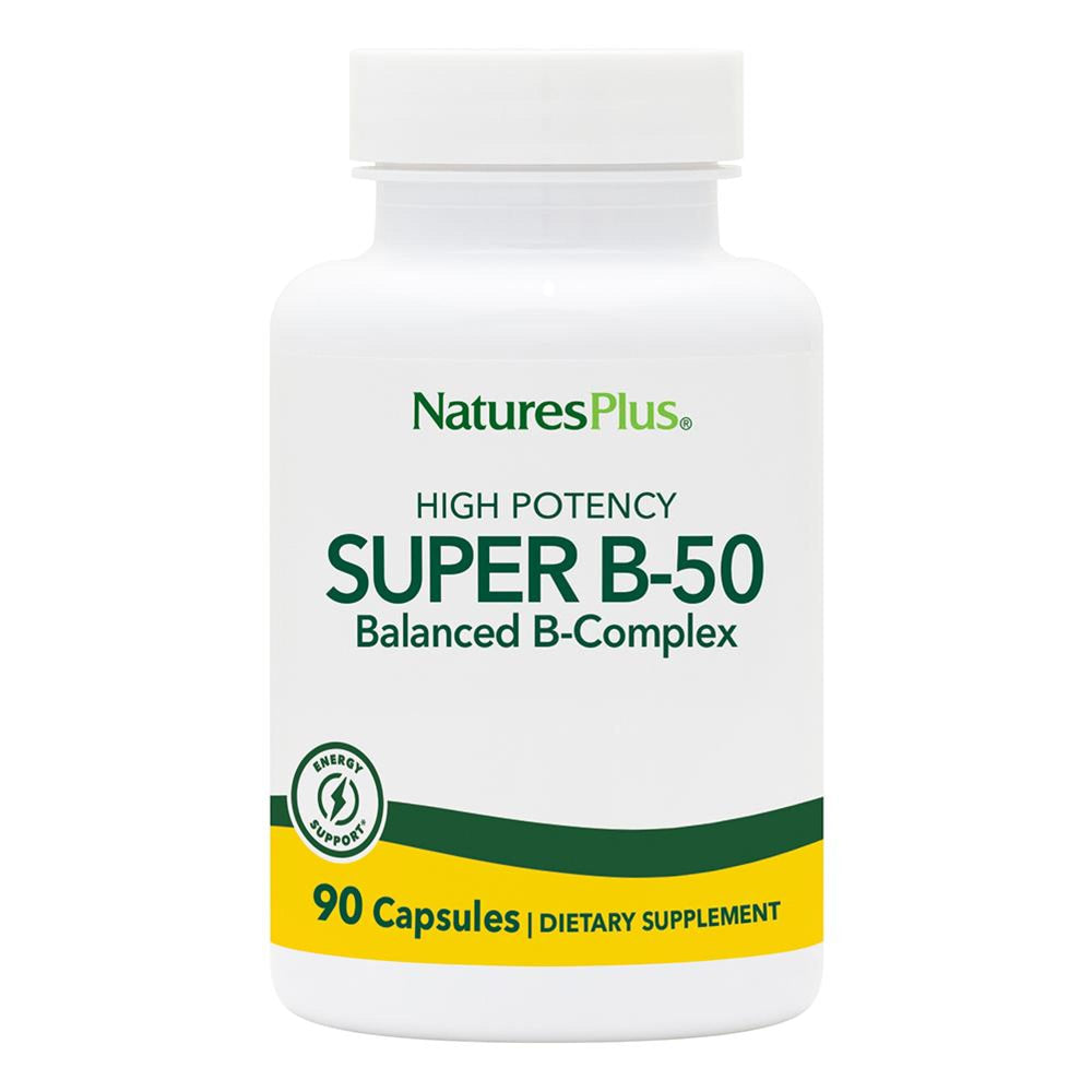 NaturesPlus Super B50-90 bottle front showing packaging for daily use.
