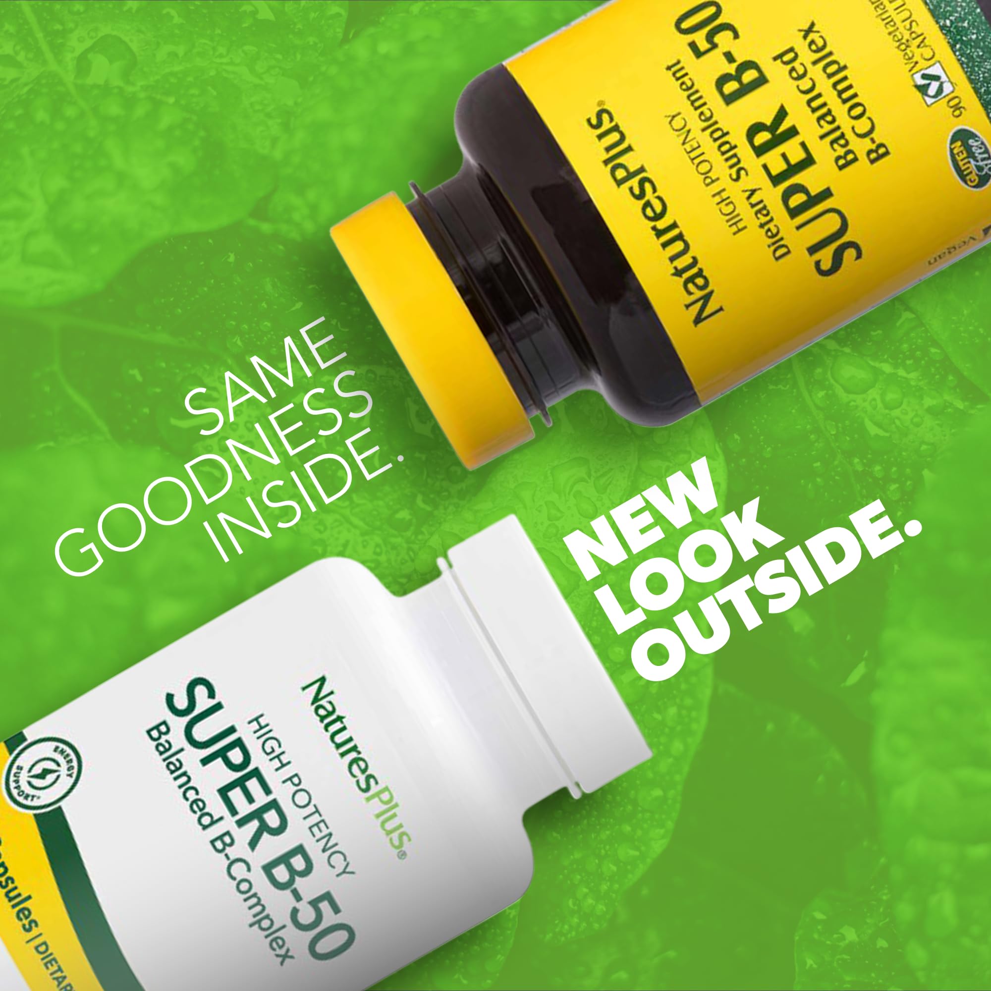NaturesPlus Super B50-90 capsules close-up highlighting high potency B complex.