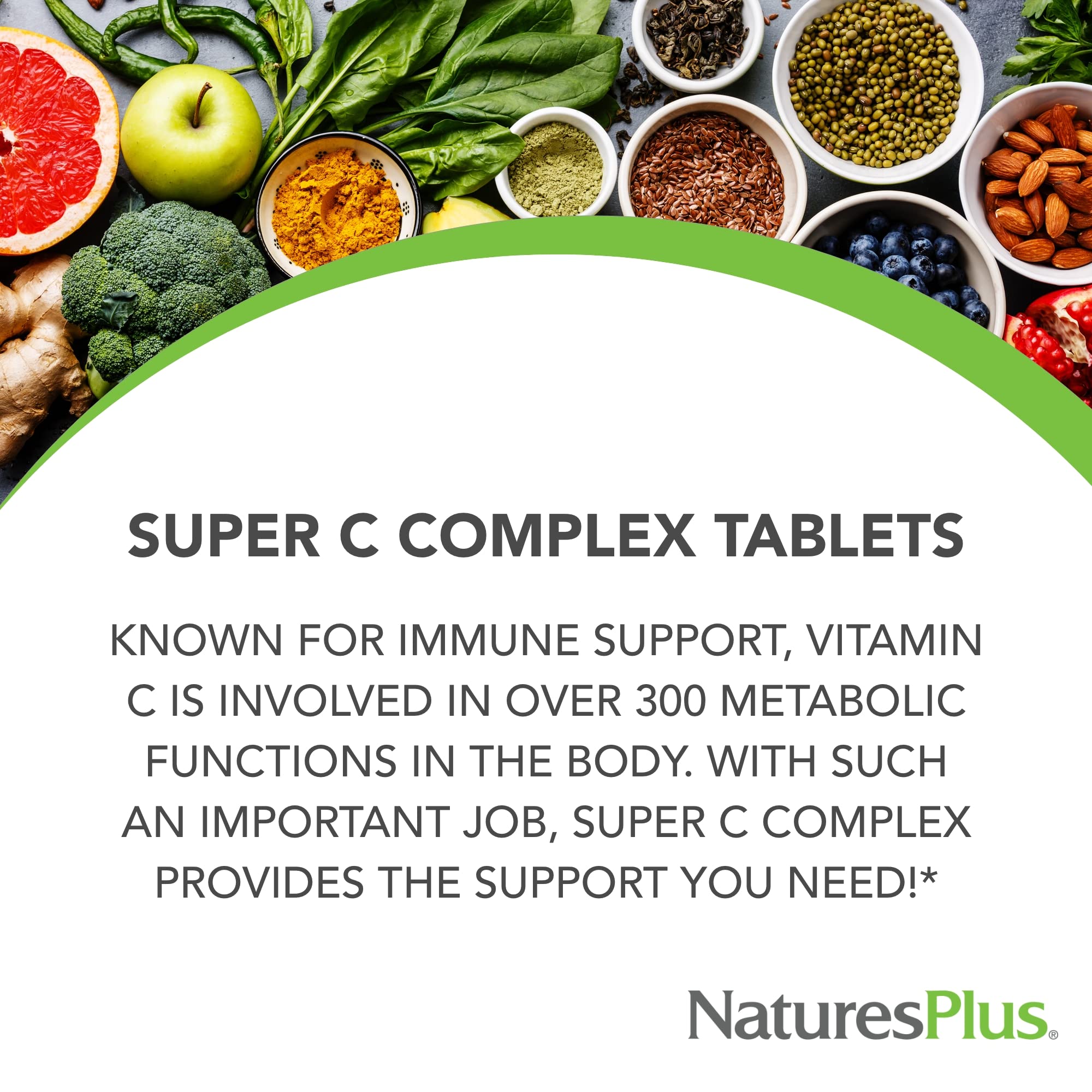 NaturesPlus Super C Complex packaging showing 500 mg bioflavonoids for enhanced vitamin C support.