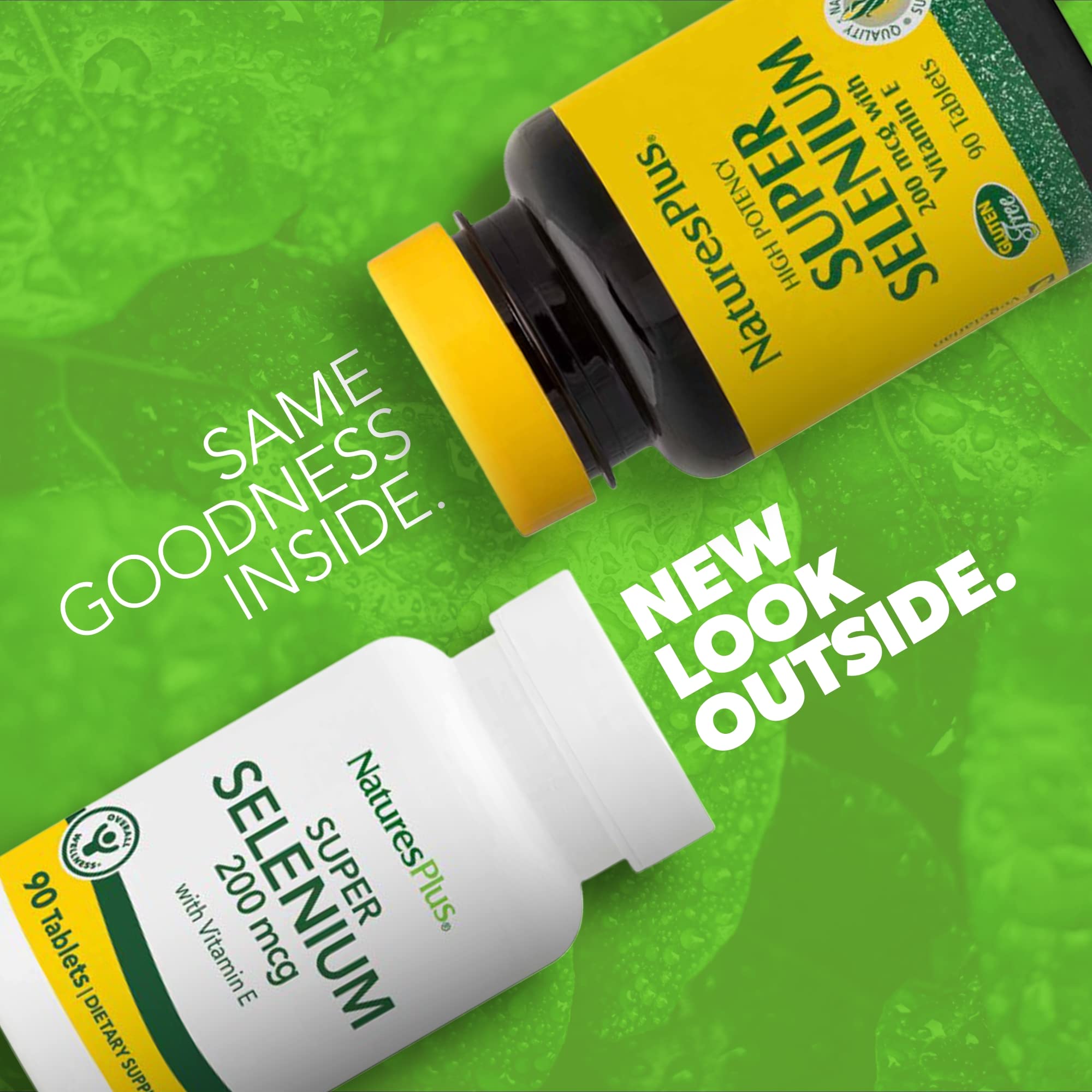 Close-up of tablets highlighting 200 mcg selenium per serving for antioxidant support