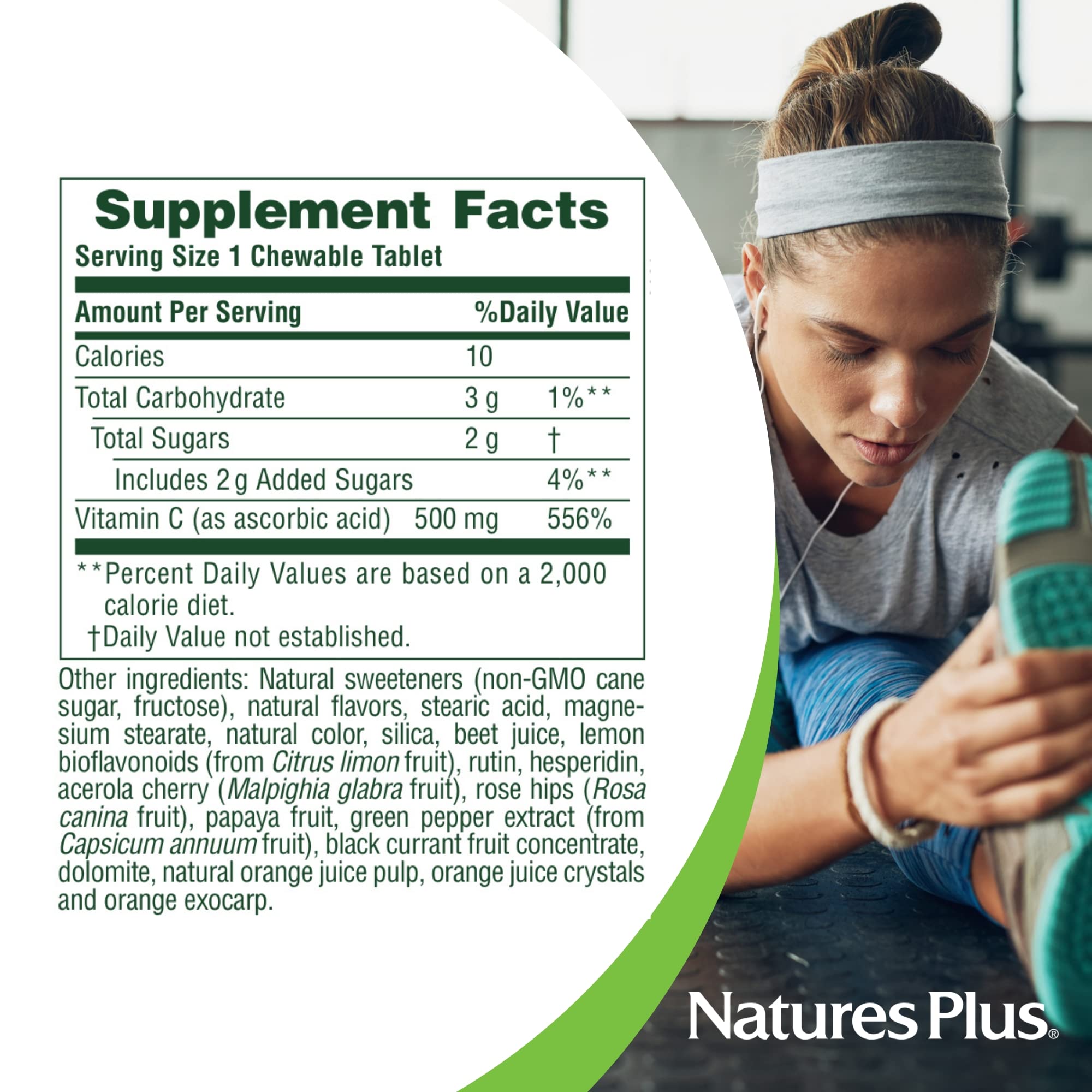 NaturesPlus vitamin C label detail showing gluten-free and vegetarian credentials.