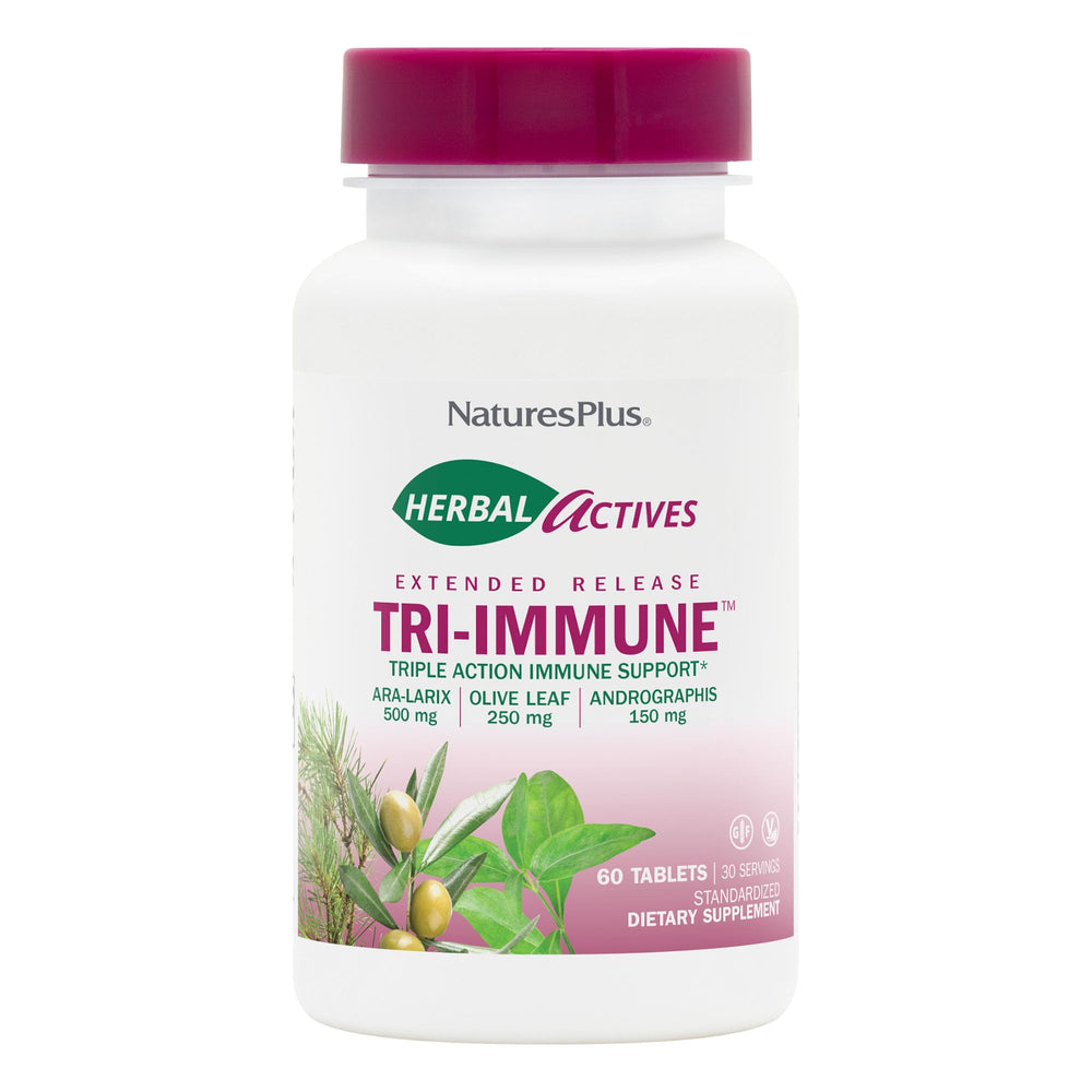 NaturesPlus Tri Immune bottle front with extended-release tablets for daily support.