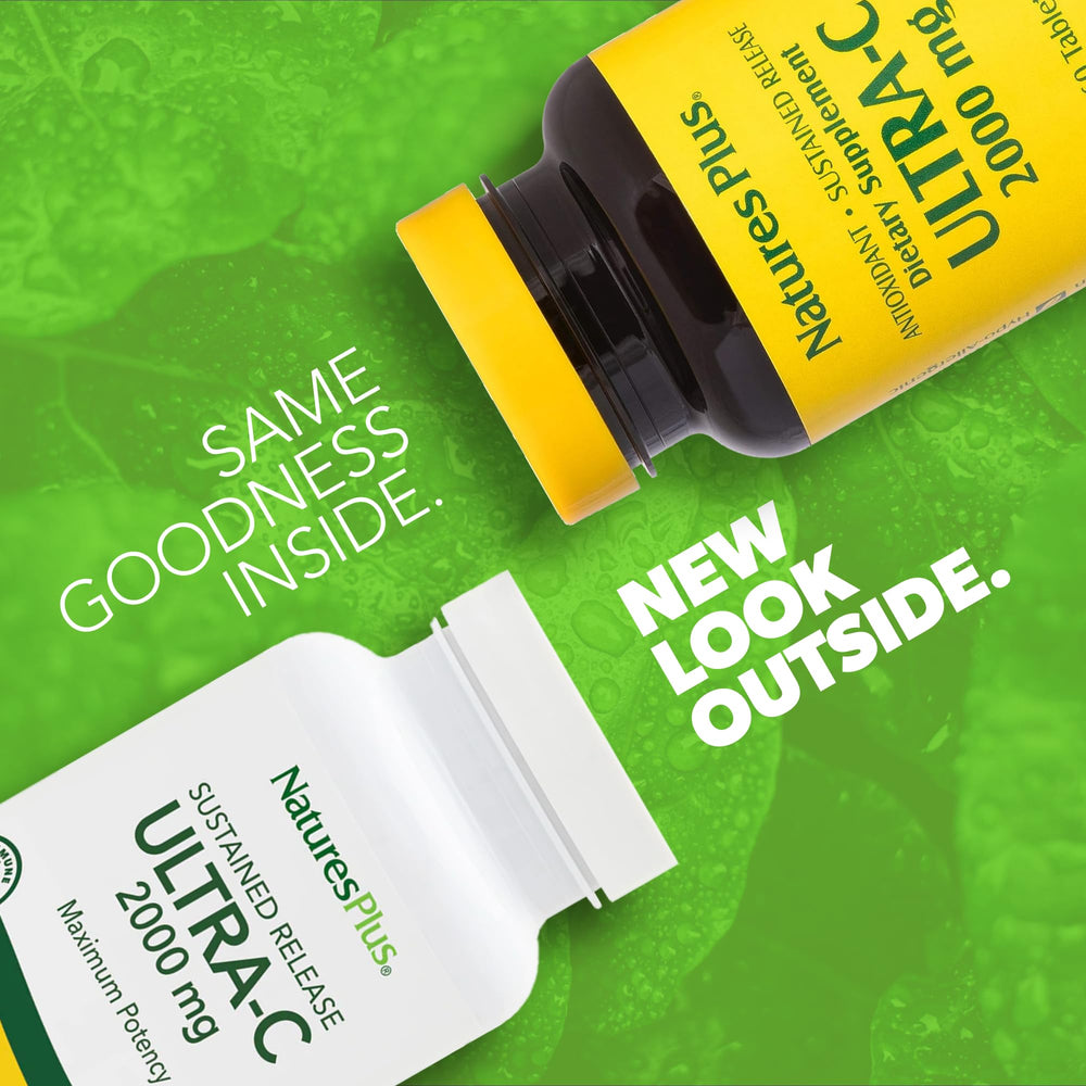 Close-up of NaturesPlus Ultra-C capsules highlights sustained-release vitamin C and rose hips.