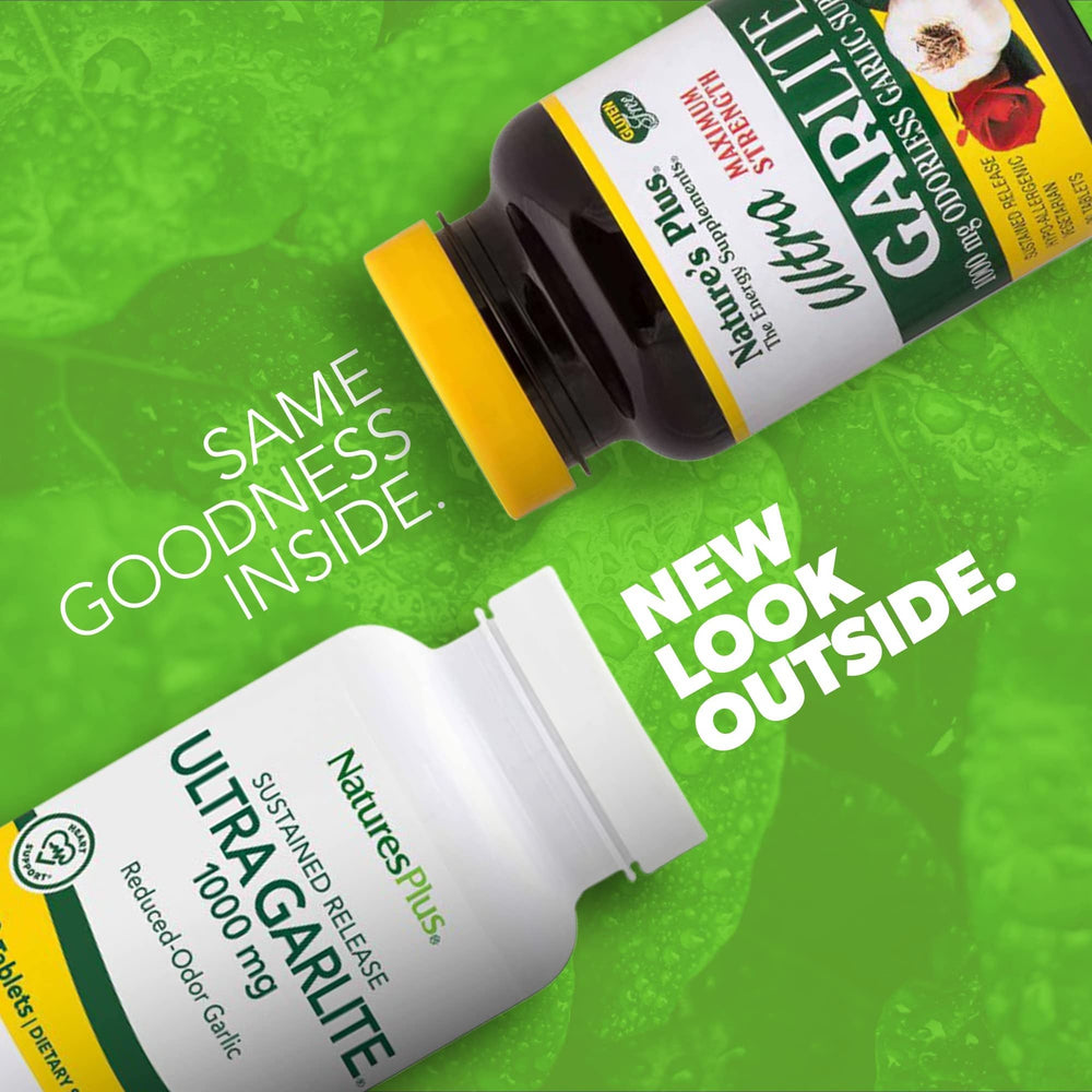 NaturesPlus Ultra Garlite tablets closeup highlighting 1000 mg dosage.