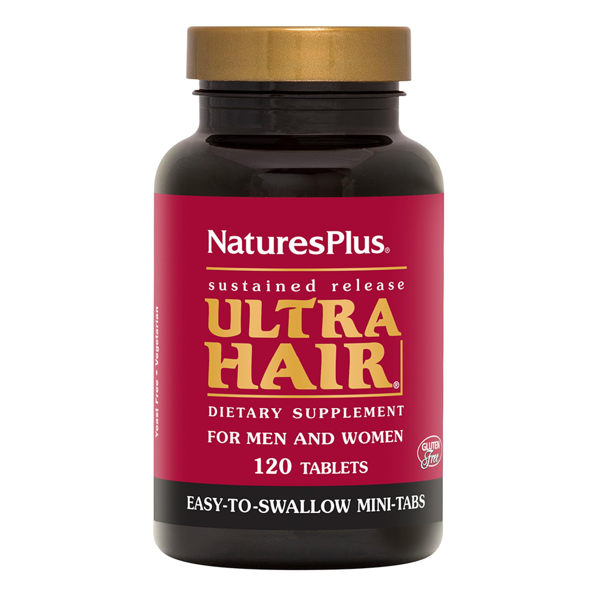 NaturesPlus Ultra Hair bottle front shows brand and sustained-release tablets for hair wellness.
