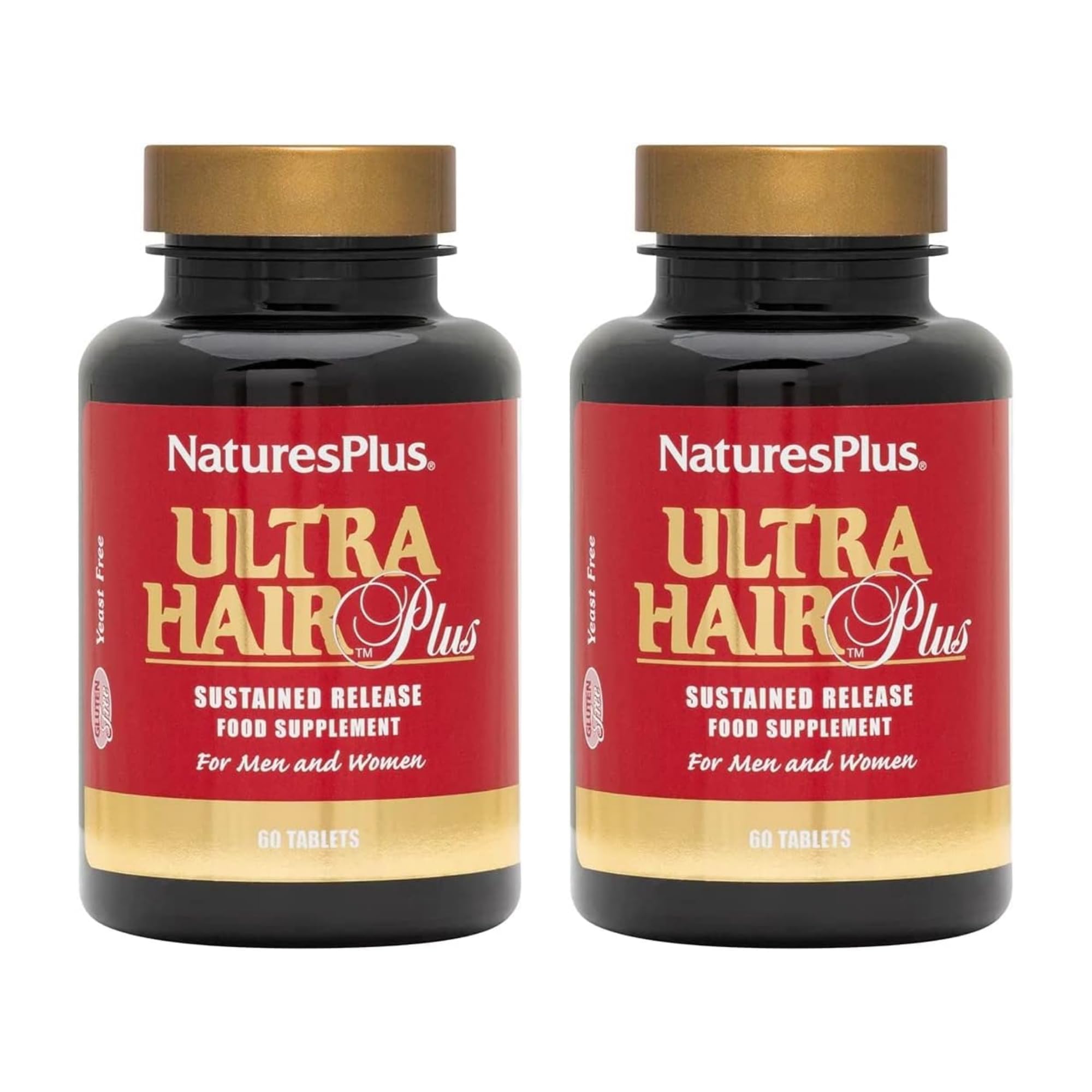 NaturesPlus Ultra Hair Plus bottle on display showing sustained-release formula for daily support