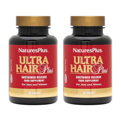 NaturesPlus Ultra Hair Plus bottle on display showing sustained-release formula for daily support