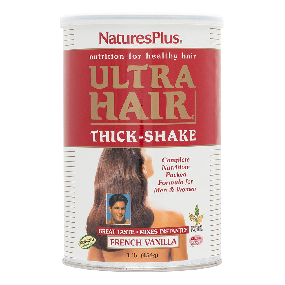 NaturesPlus Ultra Hair Thick Shake bottle highlights a premium supplement for healthier hair growth.