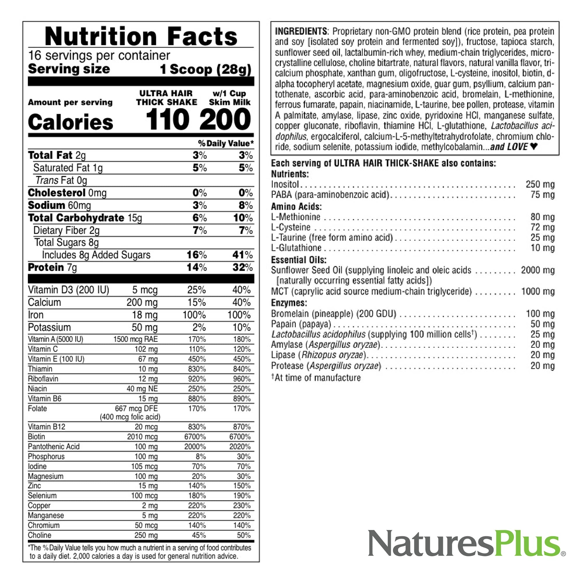 NaturesPlus Ultra Hair Thick Shake package label emphasizes quality standards and safety.