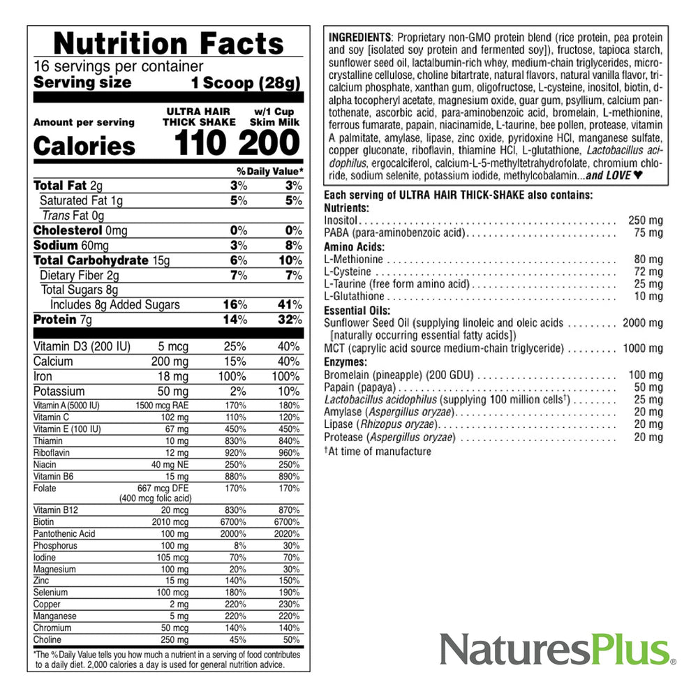 NaturesPlus Ultra Hair Thick Shake package label emphasizes quality standards and safety.