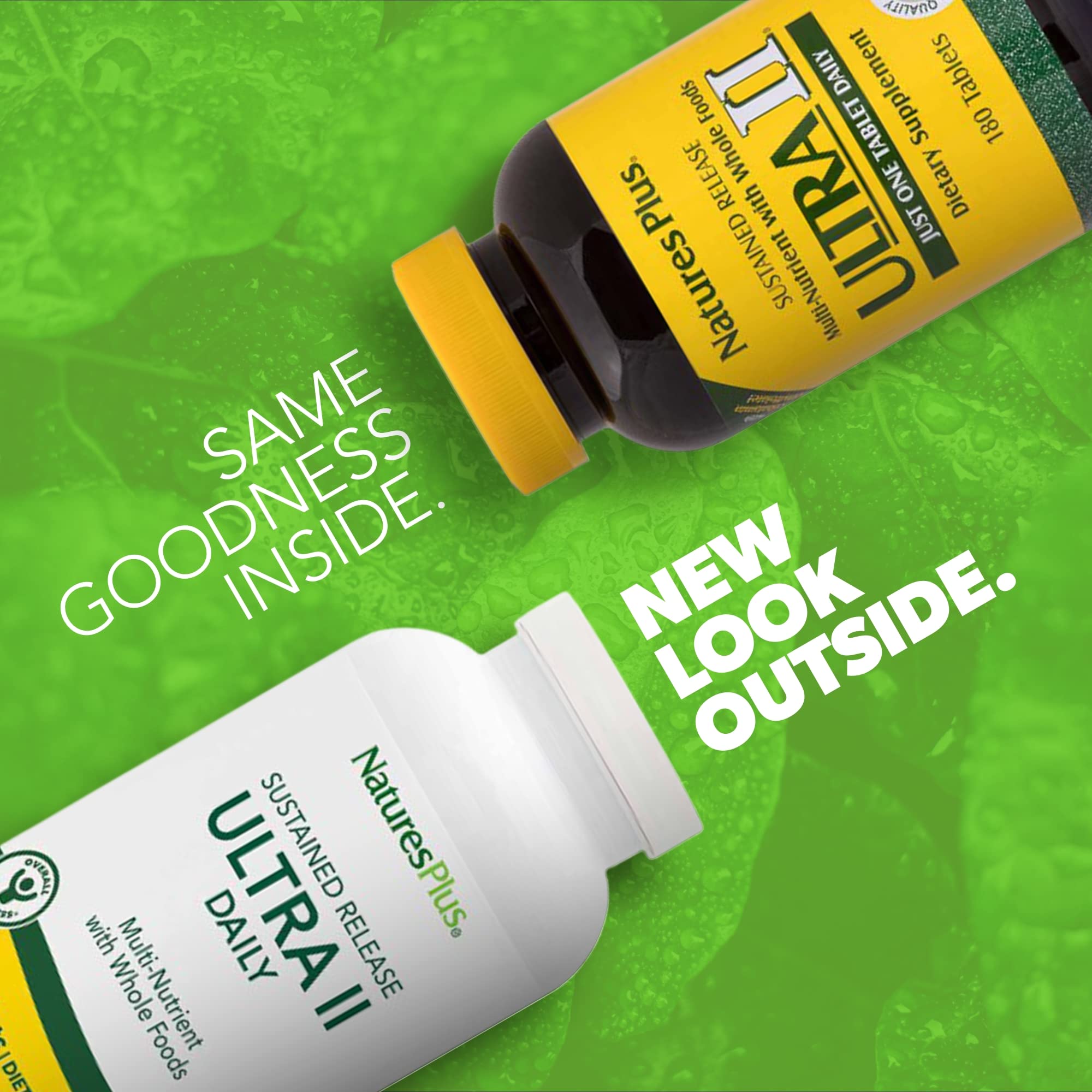 Close-up of NaturesPlus Ultra II Daily tablets showing sustained-release design for steady nourishment.