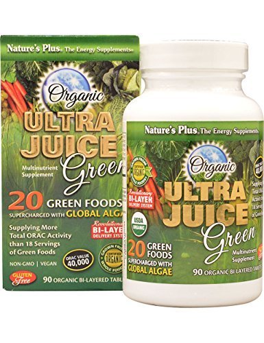 NaturesPlus Ultra Juice Green bottle front with green tablets for daily wellness