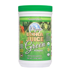 NaturesPlus Ultra Juice Green Powder container showing organic greens blend for daily nutrition